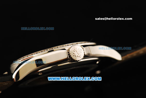 Patek Philippe Calatrava Swiss ETA 2836 Automatic Movement White Dial with Diamond Bezel and Black Leather Strap - Click Image to Close